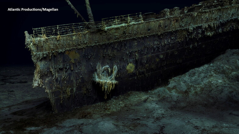 Die Aufnahme eines digitalen Scans, der mit Hilfe von Tiefseekartierungen erstellt wurde, zeigt die Titanic in knapp 4.000 Metern Tiefe auf dem Grund des Atlantiks.