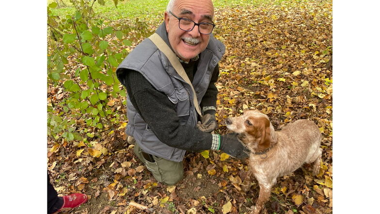 Trüffeljäger Tino Marolo mit seinem Hund Kikka. Die zehnjährige Hundedame riecht die Pilze auch, wenn sie sich tief in der Erde verstecken.