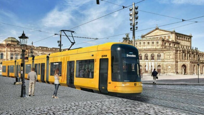 So sollen die neuen Dresdner Straßenbahnen aussehen. Sie werden breiter als die bekannten Fahrzeuge.