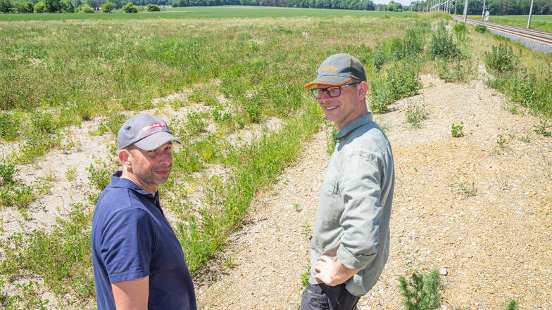 Vorsitzender Andreas Graf (rechts) und Tobias Kärber von der Agrargenossenschaft See zeigen die Fläche entlang der Niederschlesischen Magistrale, wo ein Solarfeld entstehen soll.