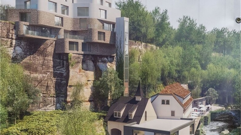 Eine Visualisierung zeigt die fertig sanierte Lochmühle samt Hotelkomplex.