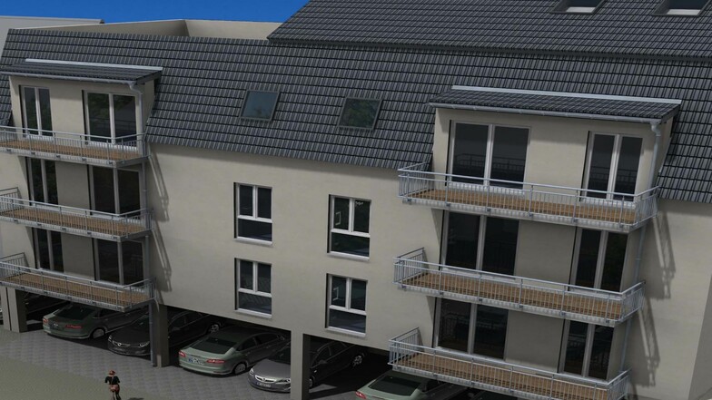 So soll das geplante Mehrfamilienhaus aussehen, wenn es fertig ist. Die Visualisierung zeigt das Gebäude vom Innenhof aus. Eine Tiefgarage ist aus Kostengründen nicht vorgesehen.