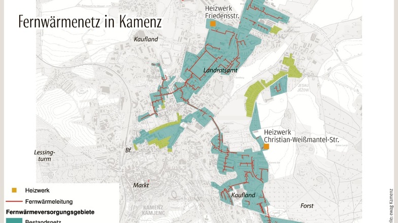 In den hellgrün dargestellten Gebieten soll das Kamenzer Fernwärmenetz in den kommenden Jahren erweitert werden.
