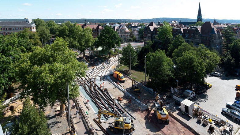 So sieht die Baustelle am Fetscherplatz in Dresden derzeit von oben aus.