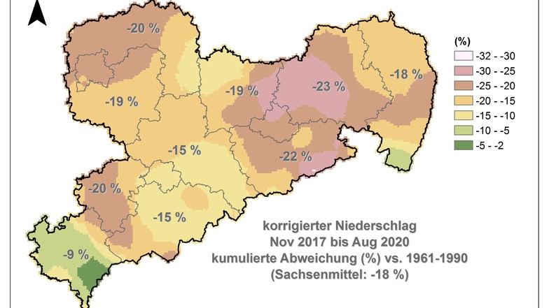 Nirgendwo in Sachsen fehlt so viel Niederschlag wie im Landkreis Bautzen. Inklusive aller Starkregen-Ereignisse beträgt das Defizit im Vergleich mit den Jahren 1961 bis 1990 fast ein Viertel.