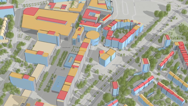So sieht das Solarpotential der Dresdner Innenstadt im Themenstadtplan aus. Rote Flächen sind sehr gut geeignet, gelbe gut geeignet und blaue Flächen bedingt geeignet.