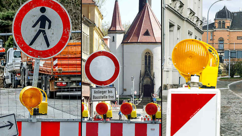 Überall in Zittau - wie hier an der Bergstraße, der Äußeren Weberstraße und dem Töpferberg - stehen derzeit Verbotsschilder und Warnbaken wegen Baustellen.