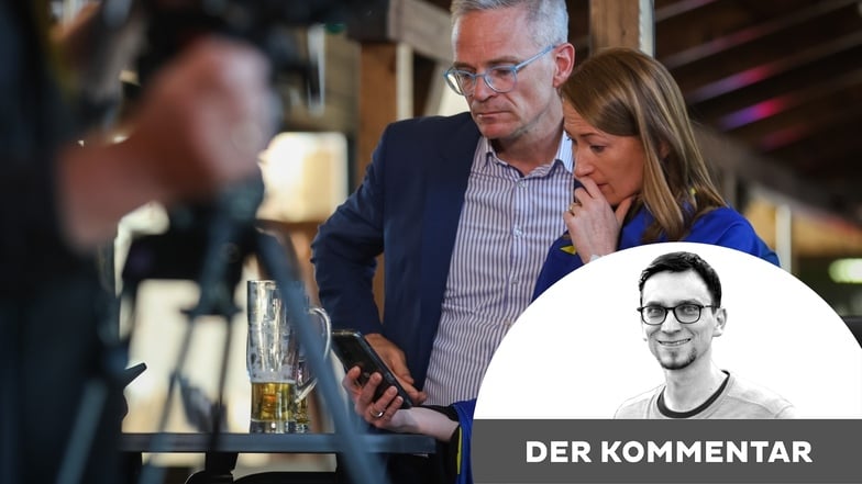 CDU Kreis-Chef Markus Reichel mit seiner Frau Agata Reichel-Tomczak während der Wahlbeobachtung am Sonntag. Nun ist es an der CDU, einen Kompromiss in Dresden zu finden, kommentiert Reporter Dirk Hein.