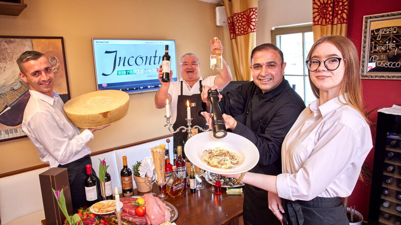Das sind die Gesichter im Restaurant Incontro in Copitz: Inhaber Rana Phool mit Vicky Phool (re.) mit Restaurantsprecher Martin Stapel (li.)und Lokalleiter Antonio Andreose.
