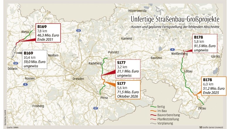 Die aktuellen Straßengroßbau-Projekte im Regierungsbezirk Dresden laufen ähnlich lange - und das Ende ist bei allen drei nicht abzusehen.
