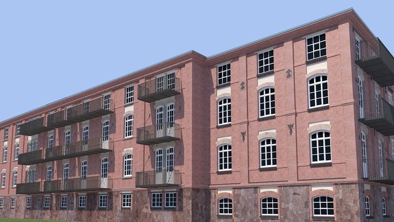 Die Backsteinfassade der alten Produktionshalle soll nach der Sanierung ihren Charakter behalten. Dahinter werden bis zu 30 Loftwohnungen entstehen.