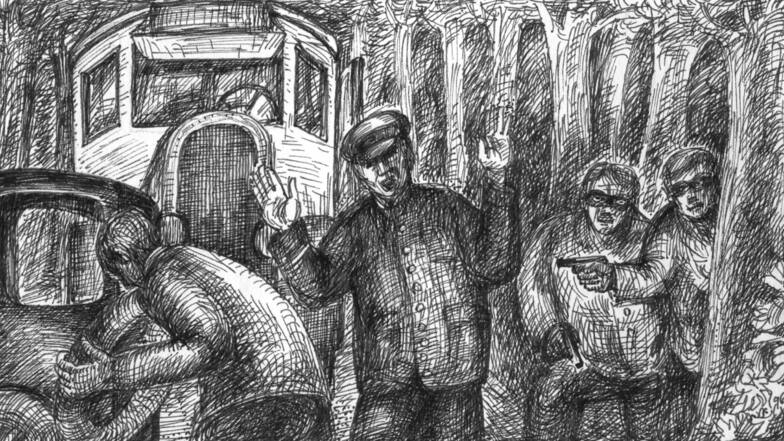 Postraub am Morgen des 1. August 1931. Drei Maskierte setzten in der Dippoldiswalder Heide den Fahrer des Postautos außer Gefecht. Sie rauben Rentengelder und Wertsendungen im Wert von 21.000 Mark.