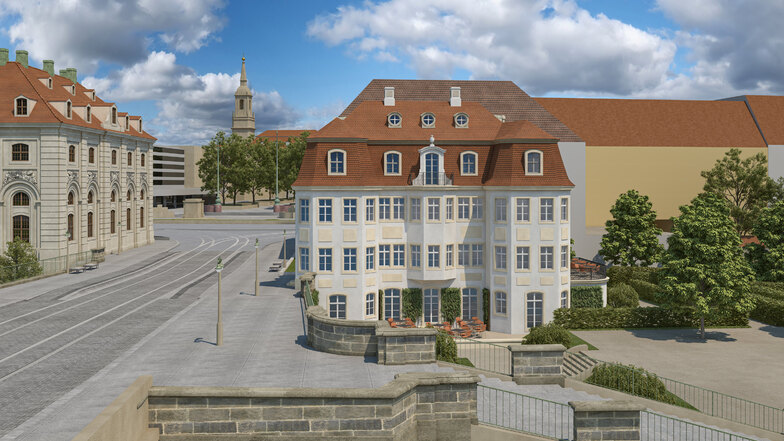 Das ist der neu überarbeitete Entwurf des Dresdner Architekten Martin Trux. Das Erdgeschoss ist begrünt und etwas zurückgesetzt. Insgesamt ist das Gebäude 2,50 Meter auf den Fußweg der Augustusbrücke verschoben.