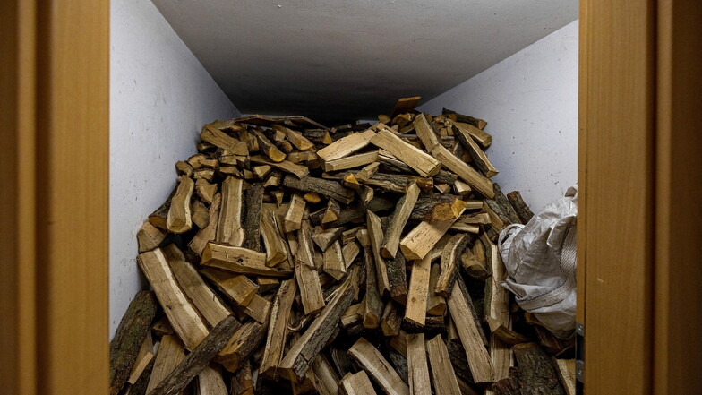 Beruhigt die Nerven: Brennholzvorrat unter einem Freitaler Mietshaus, allerdings im Winter. Seit der Ukrainekrieg tobt, wird zusätzlich gebunkert, sagen Holzhändler.