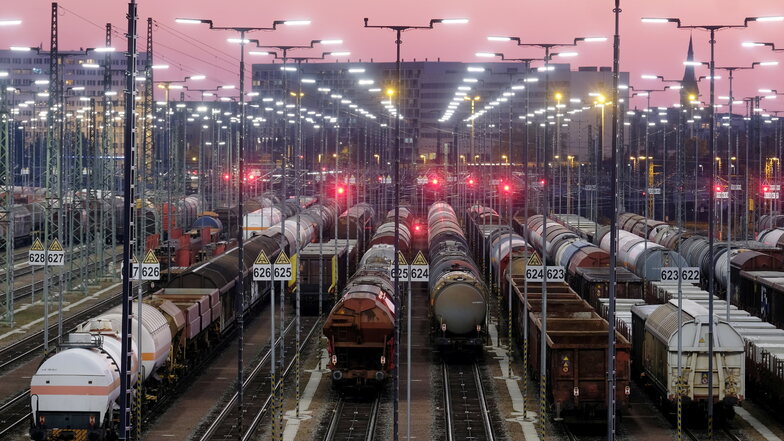 Güterzüge stehen an einem Rangierbahnhof.