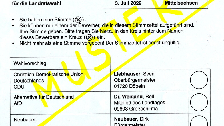Am 3. Juli stimmen die Mittelsachsen in einem zweiten Wahlgang über den künftigen Landrat ab. Die Kandidaten auf dem Wahlzettel sind dieselben wie beim ersten Wahlgang.