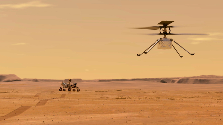 Ingenuity ist der erste Helikopter, der Flüge in der Atmosphäre eines anderen Planeten durchführt. Am Ostersonntag hat der Rover Perseverance den Helikopter abgesetzt. Voraussichtlich am 11. April soll er zum ersten Mal abheben.