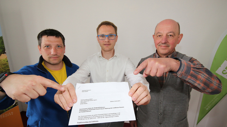 Rocco Werner (FDP), Sylvio Kolb (SPD und Dietmar Damm (Wir für Döbeln/von links) zeigen auf einen Antrag, den die drei Fraktionen gemeinsam mit den Linken bei Döbelns Oberbürgermeister eingereicht haben.