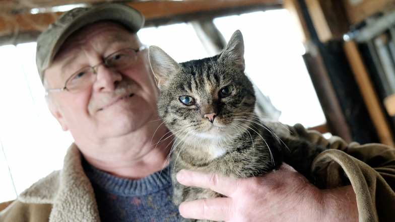 Gerd Bartkowski mit einer seiner 13 Katzen, um die er sich derzeit kümmert.