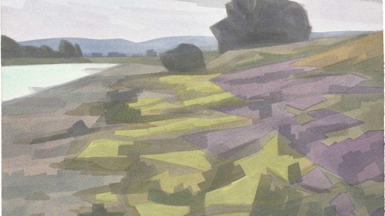 „Ufer“, eine Landschaft, vermutlich an der Elbe, von Klaus Dennhardt gemalt mit Aquarellfarben im Jahr 2009.