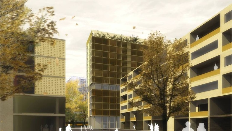 Der Gewinnerentwurf: Ein hohes Haus (Bildmitte) an der Ecke Gellertstraße/Lennéplatz könnte das künftige Quartier auch stadtweit sichtbar machen. Visualisierung: Team 51,5° Architekten