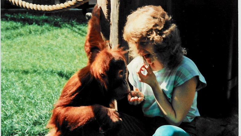 Der junge Toni mit Tierpflegerin Sylvia Pohle. Inzwischen verzichtet der Zoo auf direkte Kontakte.