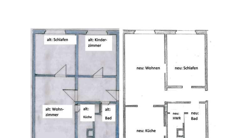 Die Küche und das Bad sind in der neuen Raumaufteilung auf der Walter-Richter-Straße 2 deutlich größer bemessen. "HWR" steht für Hauswirtschaftraum.
