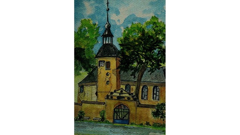 Kirche in Maxen von Ramona Neubert, 24x17 Zentimeter, Aquarell / Karton, Mindestgebot: 40 Euro