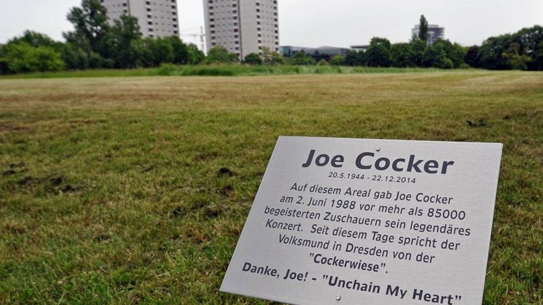 Am Mittwoch wurde auf der im Volksmund "Cockerwiese"genannten Grünfläche in Dresden eine Gedenktafel für Joe Cocker und sein legendäres Konzert vom 02.06.1988 enthüllt. 85.000 Dresdner und Gäste erlebten zu DDR-Zeiten dieses Konzert.
