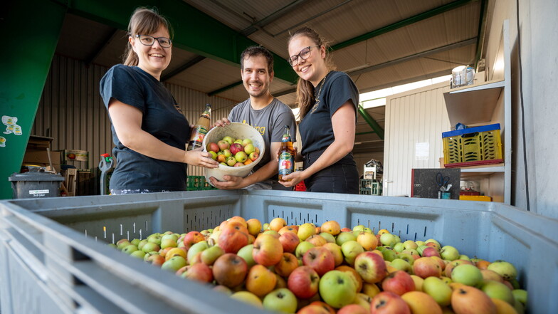 Lohnobstannahme der Bauer Fruchtsaft GmbH aus Bad Liebenwerda im GDS-Markt Großenhain. Lisa und Anna-Maria Pottrich mit Paul Gradl bei der Apfelannahme.
