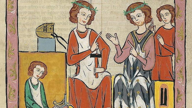 Frauenlob (2.v.r.) im Streit mit dem Dichter Regenbogen (2.v.l.) in einer Darstellung im Codex Manesse aus dem 14. Jahrhundert.