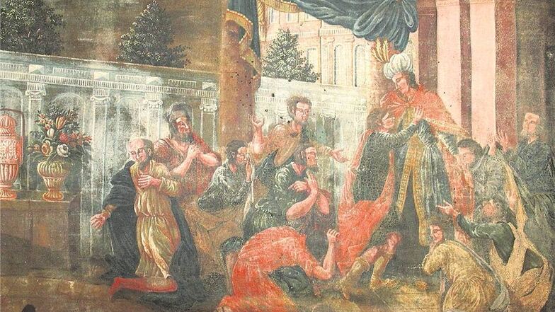 Gemalt: Um 1840 schuf Elias Augst das Gemälde „Wie sich Joseph seinen Brüdern zu erkennen gibt“. Im Museum der Steinigtwolmsdorfer Kirche kann man es sehen. Foto: Wolfgang Schmidt