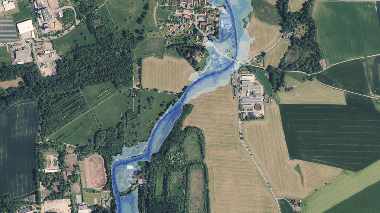 Löbaus Ortsteil Georgewitz: Auch hier ist erkennbar, dass Gebäude nahe des Löbauer Wassers bei einem HQ100 unter Wasser stünden.
