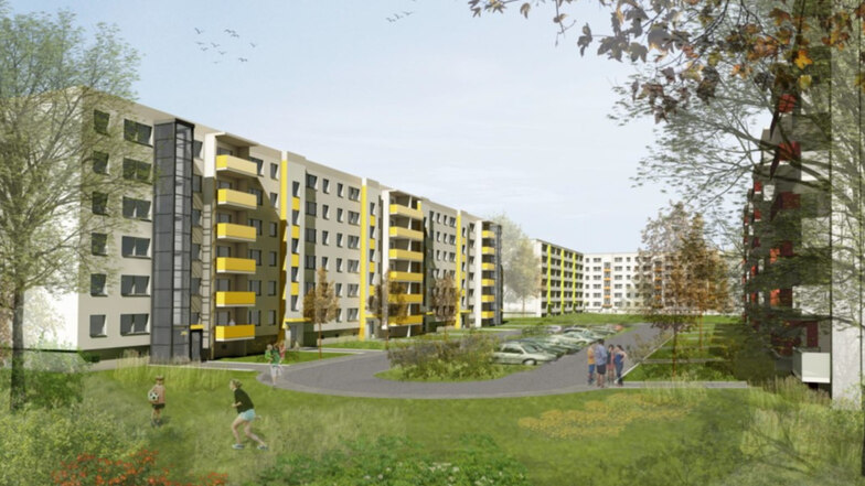 Neue, bunte Häuser in Copitz-West: Mit dem Farbkonzept will sich die WGP künftig von den anderen Wohnblöcken im Neubauviertel abheben.