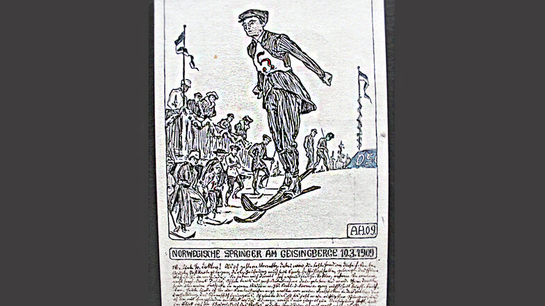 Der "Norwegische Springer am Geisingberg" zeichnete Alexander Hoffmann 1909 auf eine Postkarte. Gabriele Gelbrich ist nicht nur vom Motiv begeistert, sondern auch von Hoffmanns Schrift: "Winzig, aber ganz deutlich."