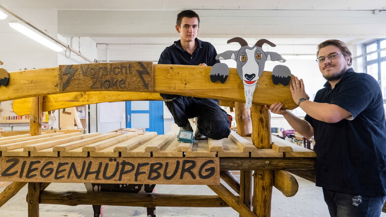 Philipp Knauer (l.) und Phillip Wolf gehören zu den zehn jungen Leuten, die bei der bao GmbH eine Ziegenhüpfburg für die Ziegen am Berzdorfer See gebaut haben.