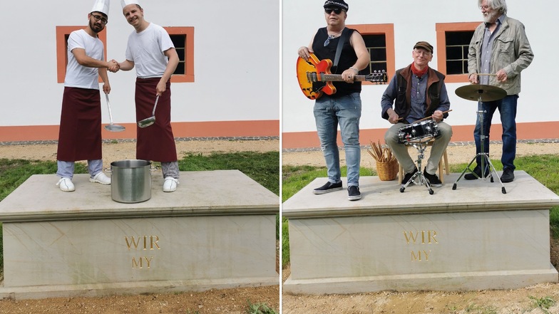 Alem Seighani und Tobias Rönsch arbeiten seit Jahren sehr gut zusammen und stehen gemeinsam auf dem "Wir-Denkmal" (links). Die Görlitzer Musikgruppe „Bierblumen-Band“ hat sich ebenfalls auf das Denkmal gestellt (rechts).
