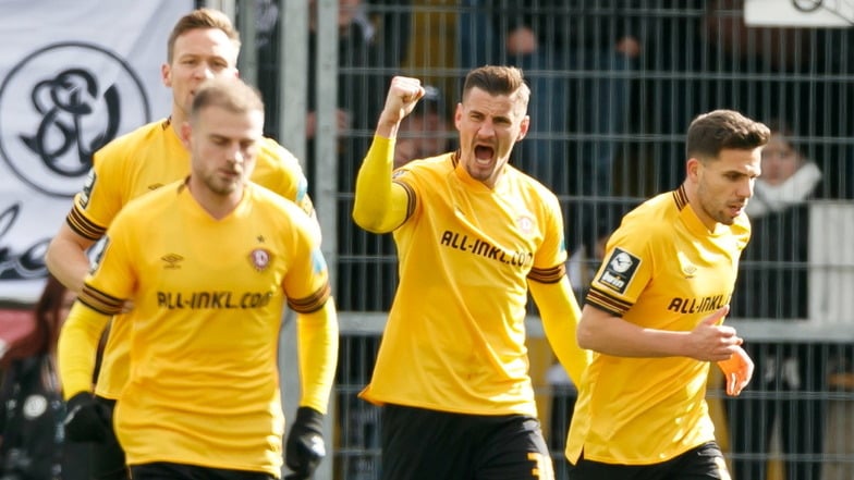 Er gehörte zu Dynamo Besten: Stefan Kutschke freut sich über seinen Treffer zur 1:0-Führung gegen Elversberg.