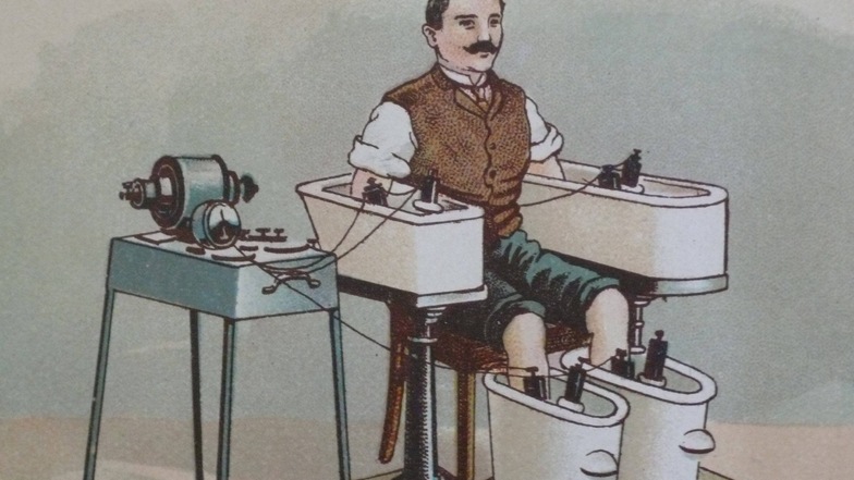 Therapie für Furchtlose: Friedrich Eduard Bilz entwickelte das Vierzellenbad als elektrische Behandlung. Eine Darstellung aus seinem Buch „Das neue Naturheilverfahren“.