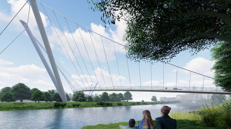 Das ist der Siegerentwurf des Wettbewerbs unter Studierenden für eine Fußgänger- und Radbrücke vom Ostragehege nach Pieschen.