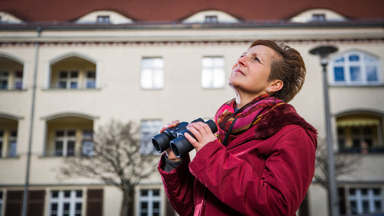 Sicherheitsfachfrau Evelyne Hörig von der Sächsischen Wohnungsgenossenschaft Dresden  kontrolliert hier, ob sich Ziegel auf den Dächern der Häuser im Hechtviertel gelöst haben.