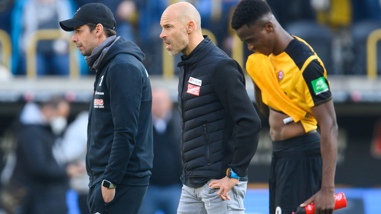 Die Gesichter zur Krise: Dynamos Co-Trainer Ferydoon Zandi, Chefcoach Alexander Schmidt und Abwehrspieler Michael Akoto.