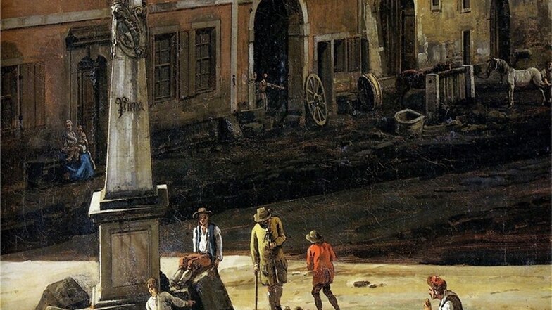 So malte Canaletto 1753 „Die Breite Gasse in Pirna“ (Ausschnitt).