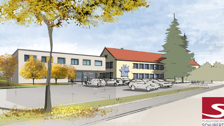 So soll der Ponickauer Kindercampus aussehen. Das Hortgebäude (links) wird an die Grundschule angebaut. Die Inbetriebnahme ist für 2022 geplant.