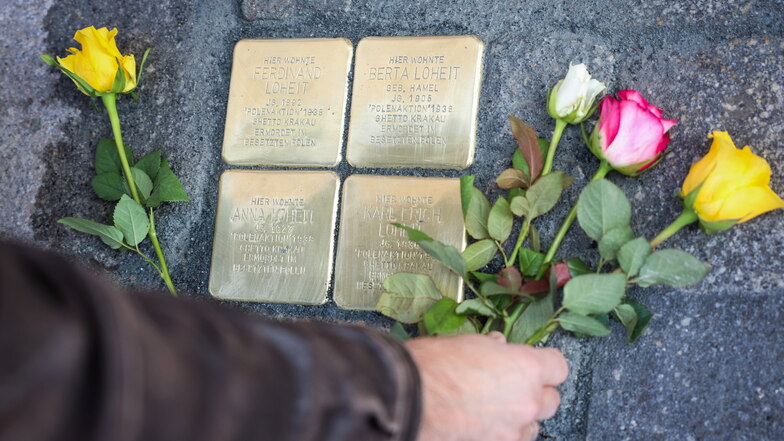 Die vier Stolpersteine für Ferdinand, Berta, Anna und Karl Erich Loheit in der Uhlandstraße in Dresden.