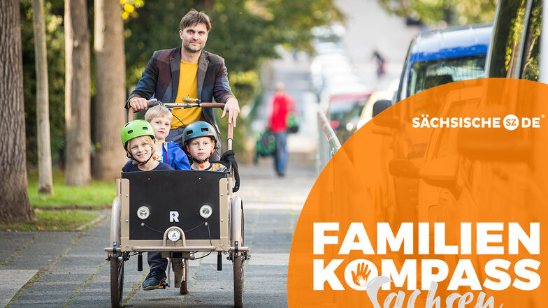 Elterntaxi mal anders: Ronny Rozum bringt seine Söhne und deren Freund mit dem Lastenrad zur Schule und zur Kita in der Dresdner Neustadt.