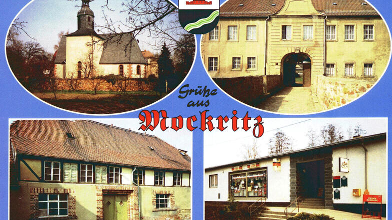 Eine alte Postkarte aus Mockritz. Darauf die Kirche, das Schloss, die Brauerei der Familie Krüger sowie eine Verkaufsstelle. 