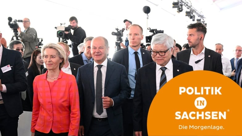 Die Kommissionspräsidentin der EU, Ursula von der Leyen, Bundeskanzler Olaf Scholz und TSMC-CEO C. C. Wei am Dienstag beim Baustart der neuen Chipfabrik.