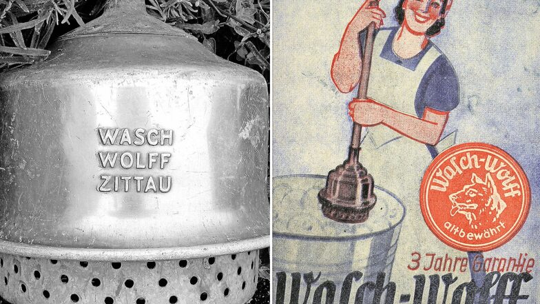 Der Zittauer Grafiker K. W. Schmidt gestaltete die Vorderseite Beipackzettels für den von der Zittauer Firma Wolff hergestellten Wäschestampfer (rechts). Produkt, Firma und Herkunftsort wurden auf dem Stampfer eingraviert (links)