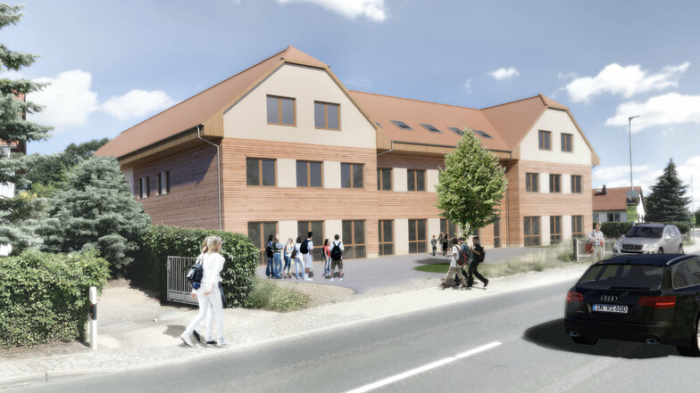 So soll die neue Mittelschule in Oßling aussehen - ein Bau mit viel Holz und einem umweltfreundlichem Ambiente.
